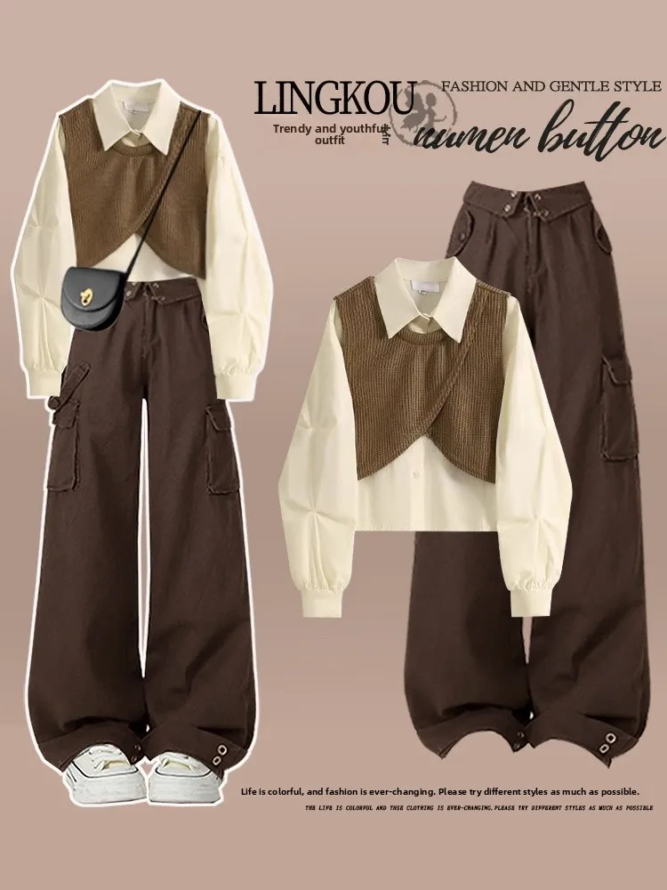 

Retro Large Size Autumnal Women's Set Casual Hong Kong Style Shirt And High Waist Workwear Pants Two-Piece Ensemble