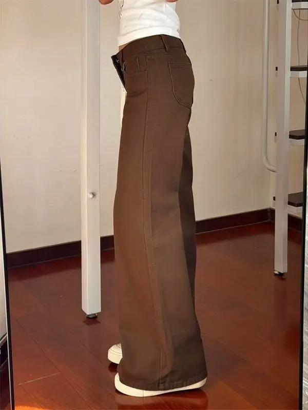Low Waist Bell Bottom Denim Jeans Women's American Style Spicy Girl Loose Straight Leggings Pants Brown Coffee Color