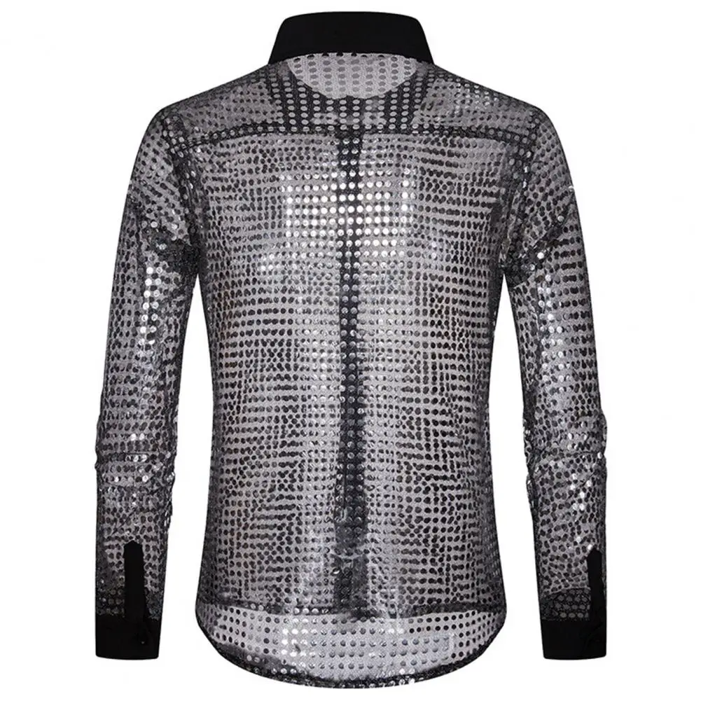 Lapel Long Sleeve Shirt Stylish Lapel Design Shirt Stylish Men's Sequin Embellished Lapel Shirt with See-through Design for A