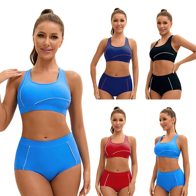 Women's European Athletic High Waist Sleeveless Split Swimwear, Sexy Slim Backless Color Block Bathing Suit