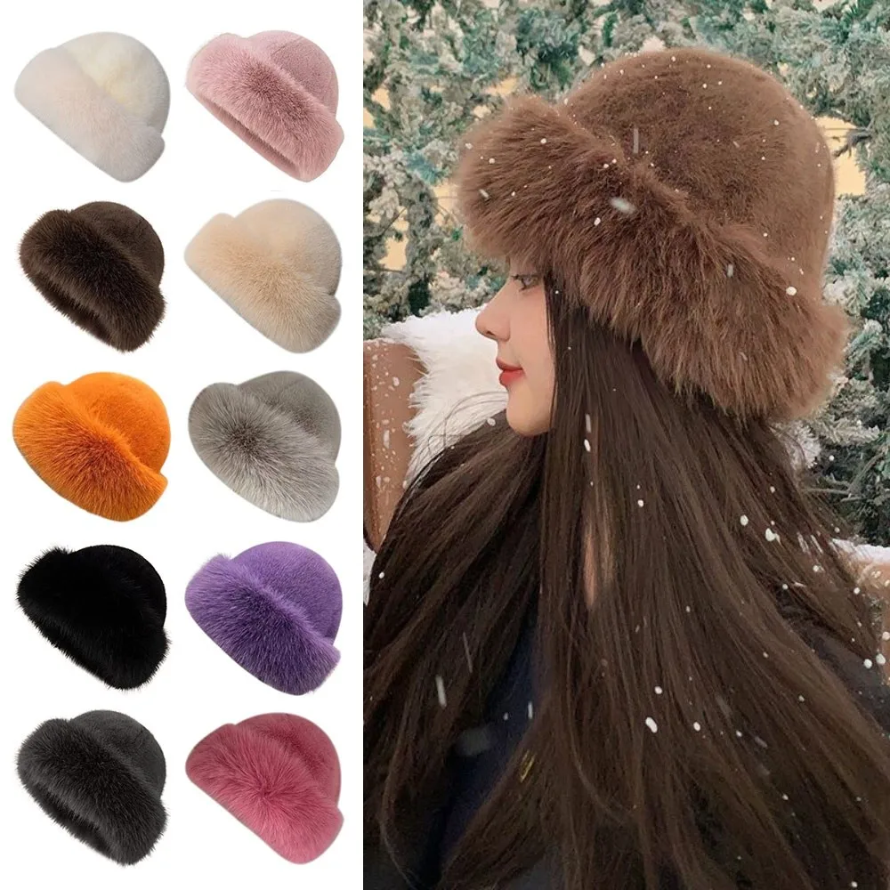 New Fluffy Fur Winter Hat Solid Color Thicken Bucket Hat Cold Windproof Berets Chrismas Gifts