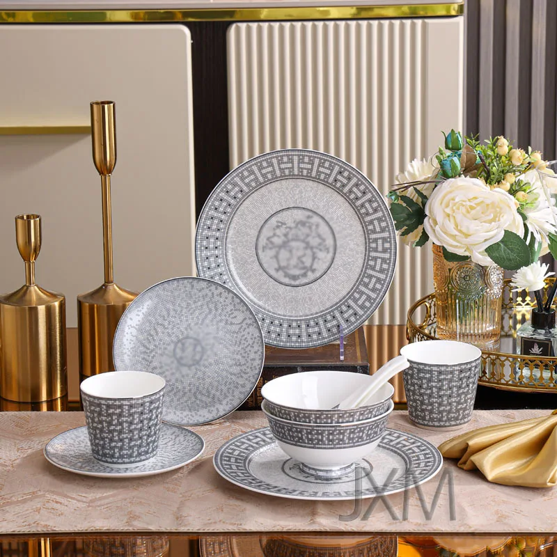 

Роскошный набор из 10 предметов в европейском стиле, серая H-образная тележка, посуда, круглая подарочная коробка, чаша из костяного фарфора, тарелка, ложка, тарелка