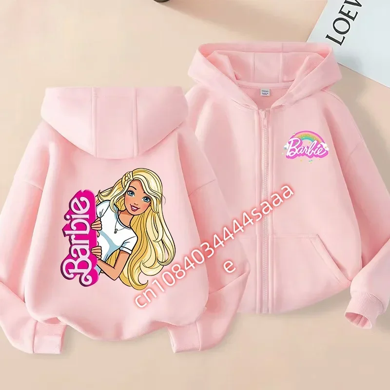 Barbie Printed Zip-Up Hoodie for Kids 2026 Streetwear Casual Sweatshirt Boys And Girls Comfortable Street Style Top