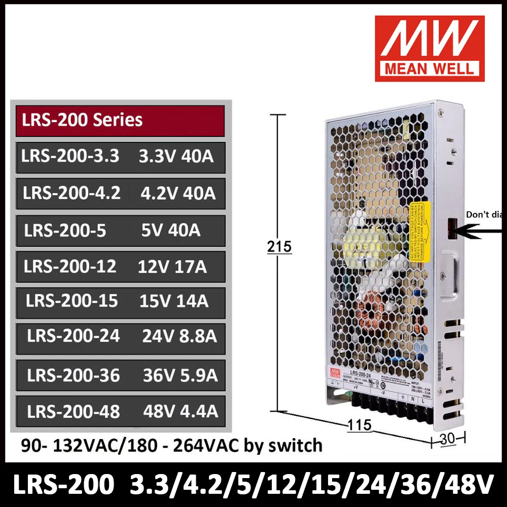 

Импульсный источник питания MEANWELL LRS-200 200W 3.3V 4.2V 5V 12V 15V 24V 36V 48V с одним выходом, промышленный модуль питания LRS200