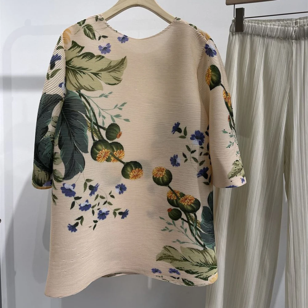 Pleated craft printing design large size temperament thin top T-shirt short sleeve 2025 spring and summer new