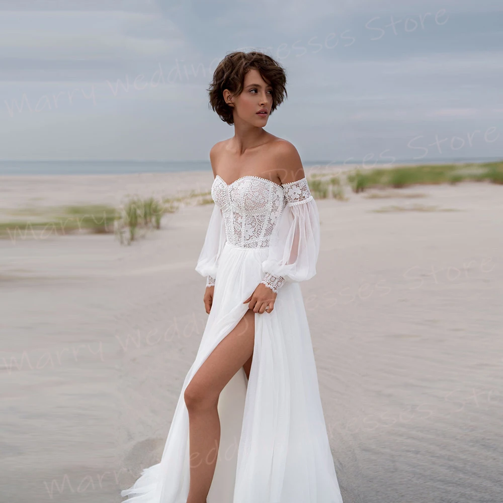 Abiti da sposa da donna Sexy senza spalline A Line eleganti Appliques di pizzo abiti da sposa bellissimi abiti da spiaggia con maniche A sbuffo De Novia