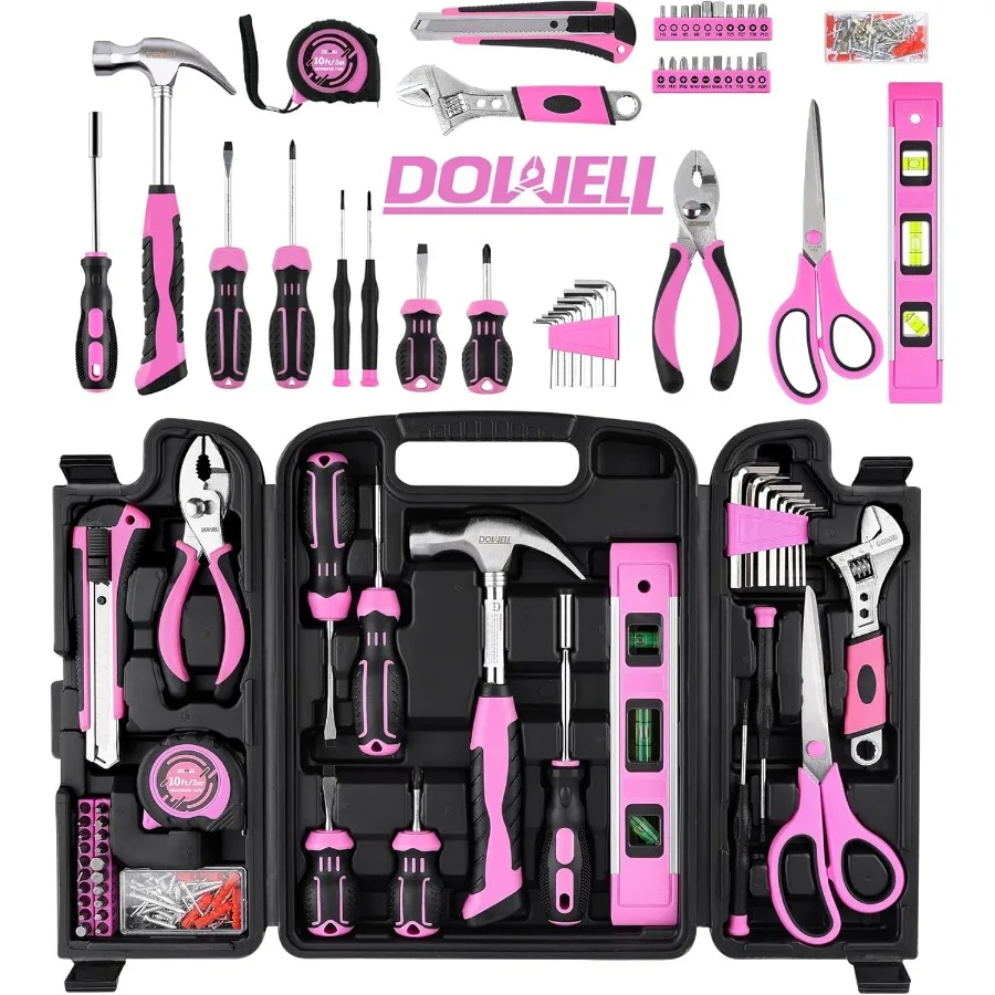 DOWELL 123Piece Pink Home Repair Tool Kit for Women Girls AllinOne DIY Toolkit with Ergonomic Handles Durable Toolbox NonSlip G