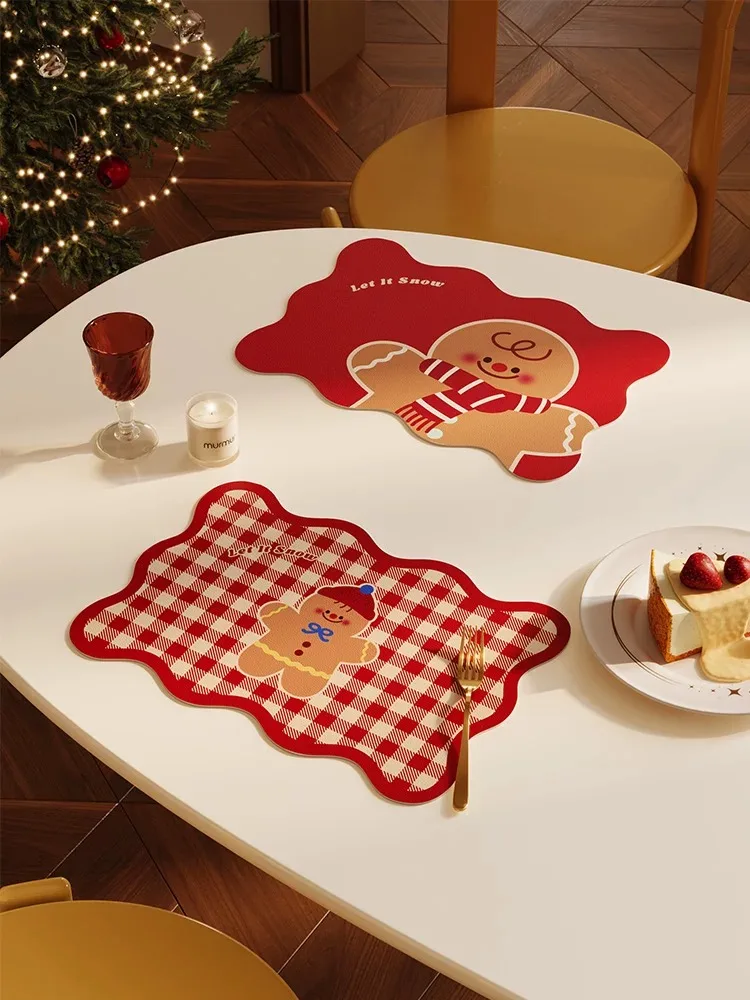 Christmas Gingerbread Lace Edge Placemats Waterproof PVC Leather Table Mat Oil-Proof Dining Pad Holiday Contrasting Color Decor