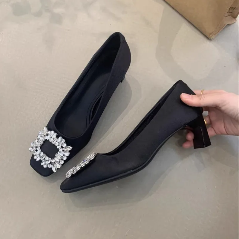 

Woman Temperament High Heels shoes French style Evening Style Water Diamond Square Head Shallow Mouth Coarse Heel Commuting Shoe