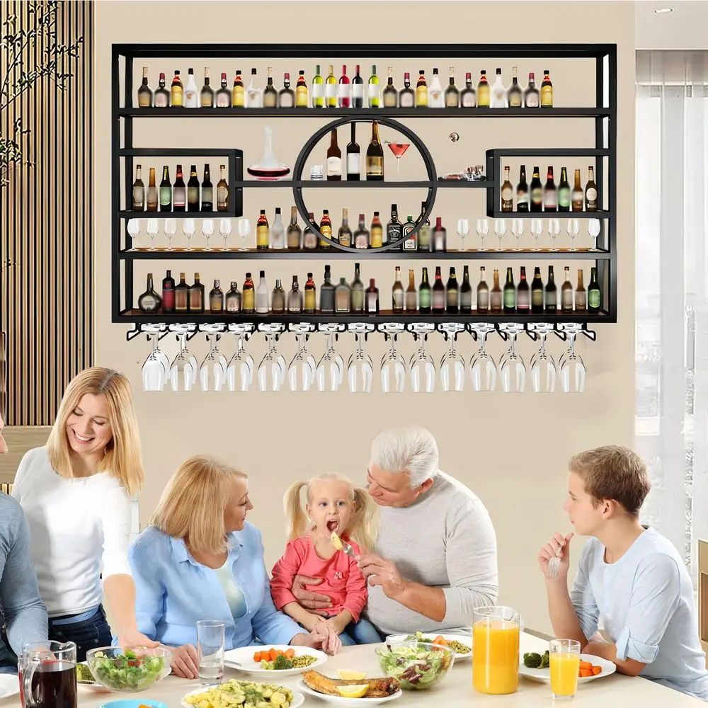 

Modern Wine Rack Wall Mounted, Metal Wall Bar Shelves for Liquor Bottles with Glass Holder, Multifunctional Wood Bar Shelves Wa