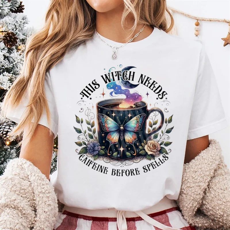 

Pattern Witch Coffee Cup Butterfly Coffee Printed Fashion Cartoon T-Shirt Top Printed Short Sleeve Versatile White T-Shirt