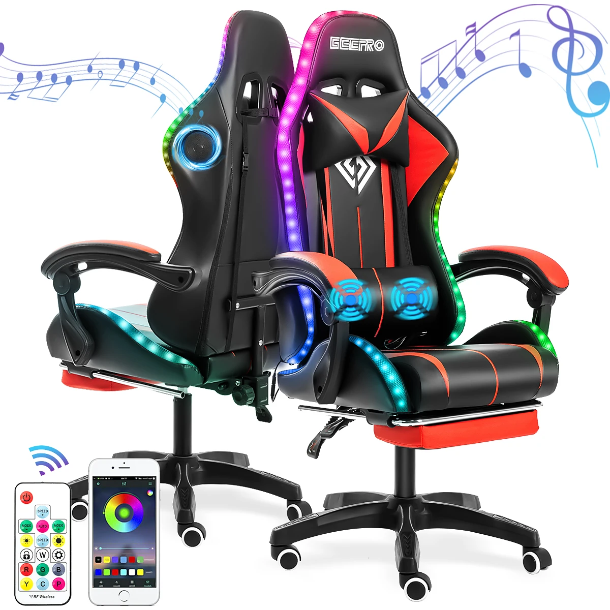 Chaise de bureau ergonomique à lumière RVB, haut-parleur Bluetooth, fauteuil de jeu, étude, massage à 2 points, fauteuil inclinable, gamer, ordinateur, Louvain, 135