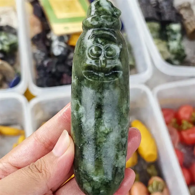 Natural Green Jade Cartoon Sausage Carving Reiki Healing Fengshui Stone DIY Holiday Crafts Gifts 1pcs