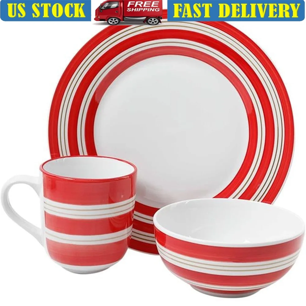 

12 Piece Round Ceramic Dinnerware Set Colorful Striped Design Durable Glossy Finish Microwave Dishwasher Safe Includes Plates