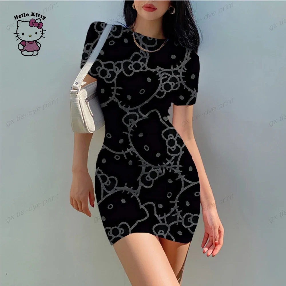 Hello Kitty 3D Print Bodycon Dress Eleganckie sukienki imprezowe z długim rękawem dla pań Seksowna obcisła odzież damska Wieczór Plus Size 5XL