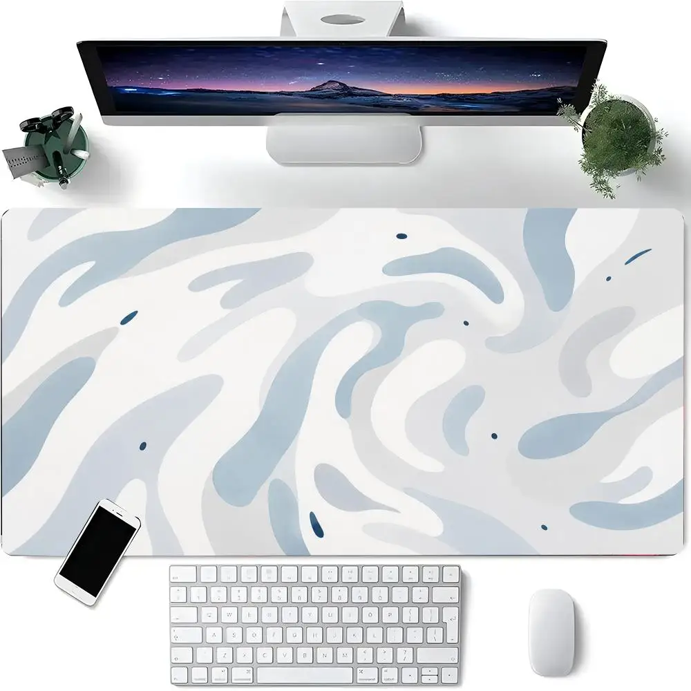 Minimalist Light Blue Grey Fluid Abstract Wave Shape Soft Texture Art Extra Large Non-Slip Extended Rubber Gaming Desk Mouse Pad