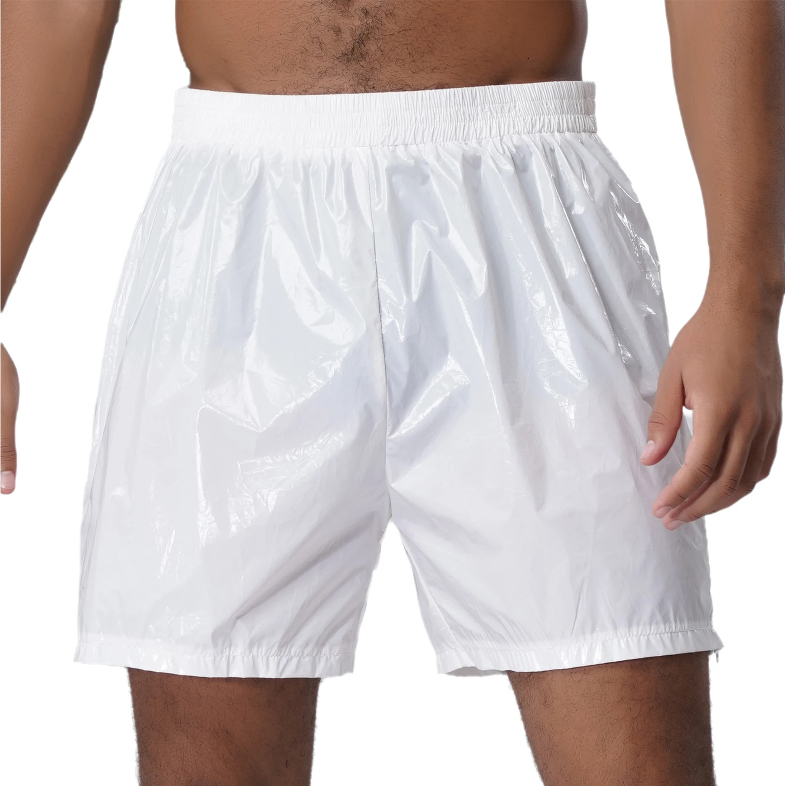 

Men Wet Look Semi Sheer Sides Zipper Shorts Elastic Waistband Open Side Shorts for Rave Party Nightclub Beach Pool Lingerie