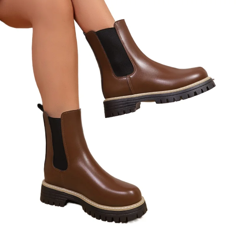 

Shoes for Women Autumn and Winter New Round Toe Low Heel Women Boots Chelsea Motorcycle Boots Solid Color Casual Women Shoes 43