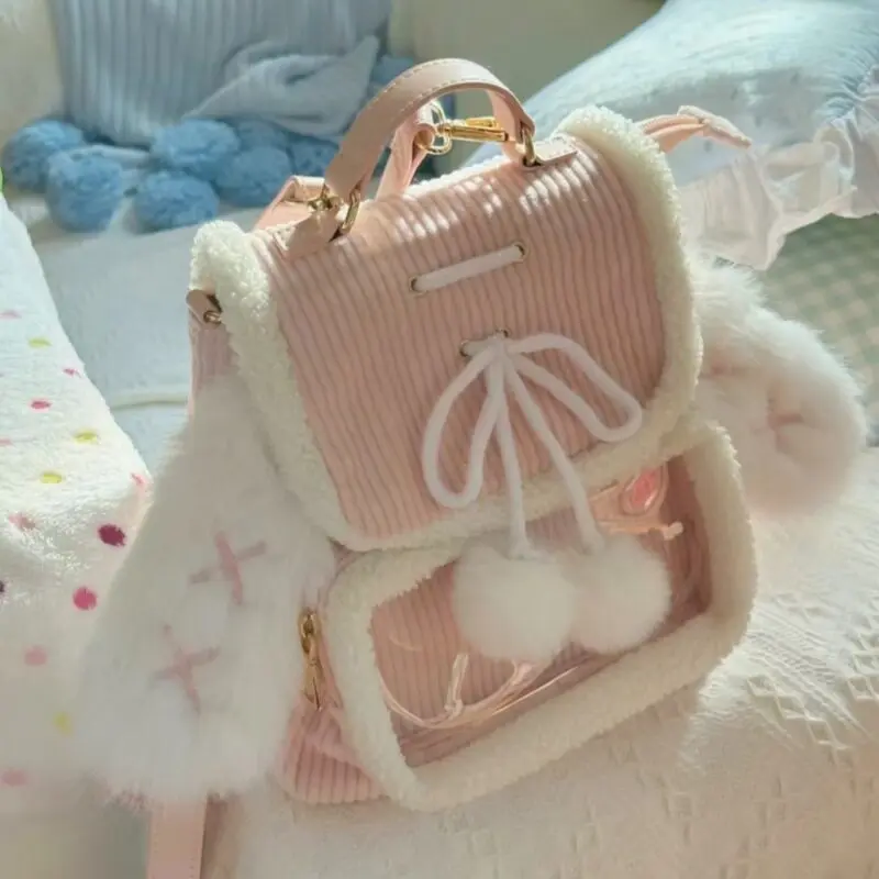 

Pink Rabbit Ears Cute Furry Backpack Casual Simple Sweet Women's Handbag Transparent Cotton Doll Badge Bag Children's Backpack