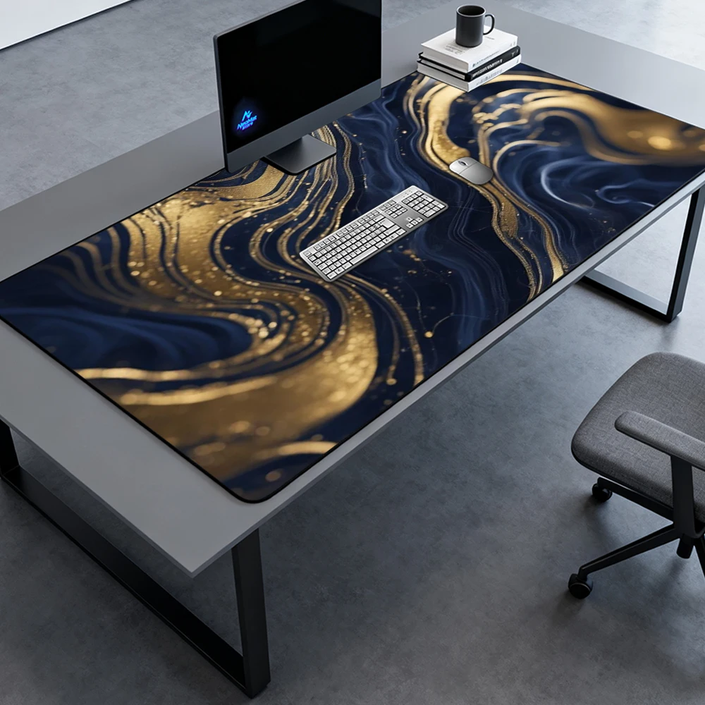 Liquid Swirl Desk Pad Deskmat Gold 180x60 Gaming Abstract 3mm Rubber Nonslip Navy Mousepad Accessories Full