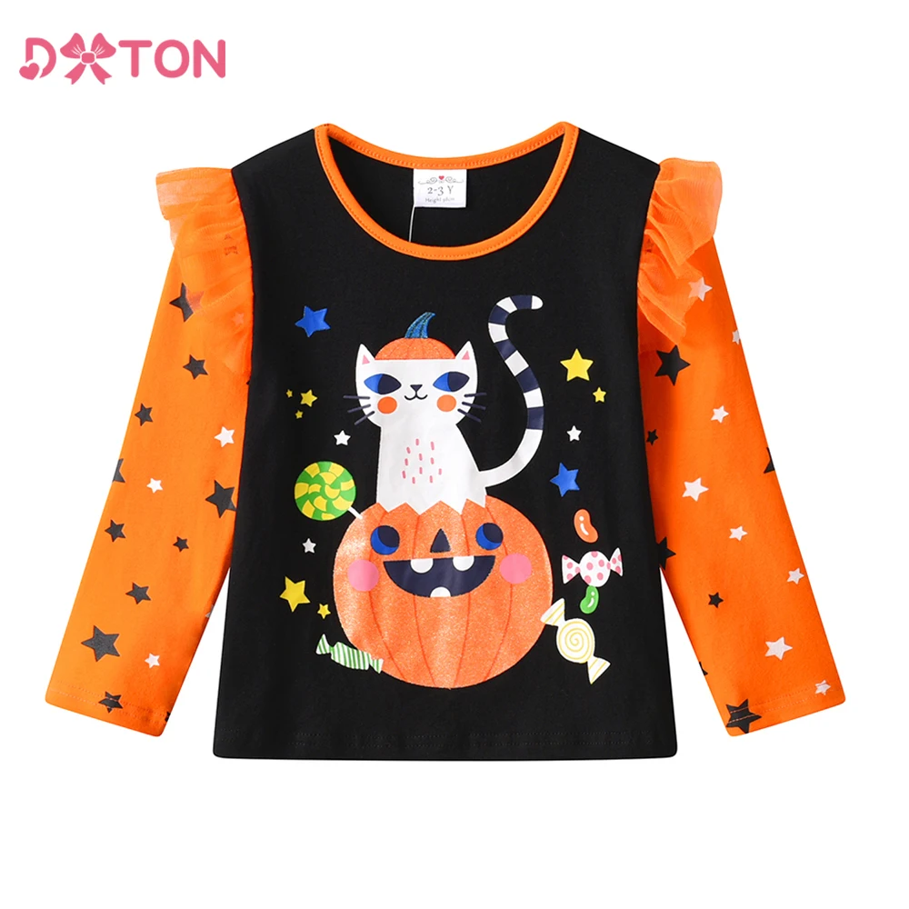 DXTON 2025 Kids Festival Clothing Pumpkin Girls Tops Wear Long Sleeve Children T-shirt Skull Halloween Christmas Cosplay Costume