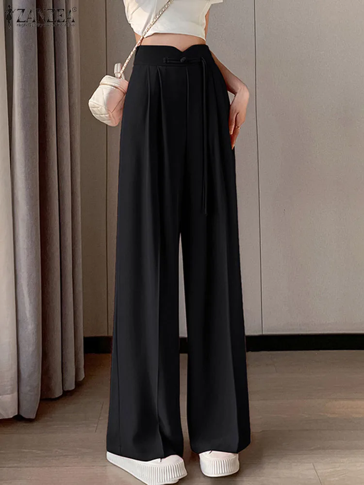 

ZANZEA Fashion Wide Leg Long Pants Korean Solid Pleating Trousers Casual Loose 2024 Summer Swing Pantalons Holiday Pocket Pants