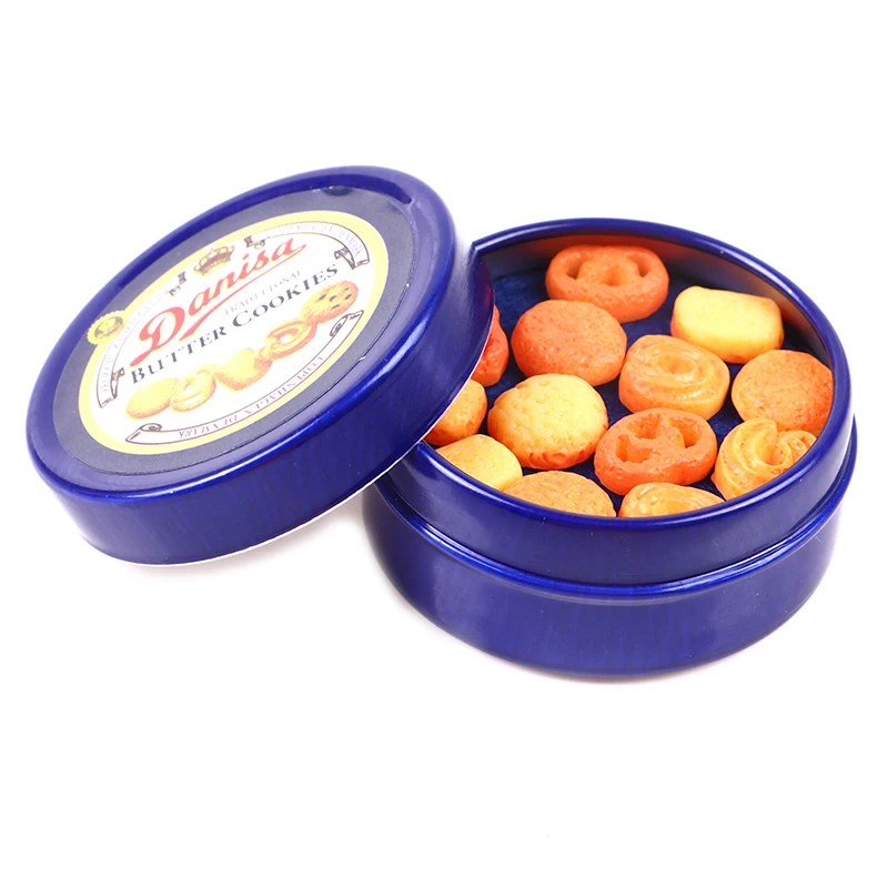 1Pc 1:12 Scale Mini Danish Butter Cookies Blue Tin Box Dollhouse Miniature Model Kitchen Decoration Accessories Pretend Play Toy