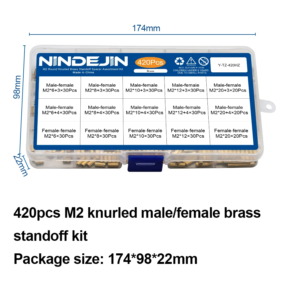 NINDEJIN 420/440Pcs Knurled Round Brass Standoff Spacer Kit M2 Male-Female Round Motherboard Pcb Standoff with Screws Nuts Set