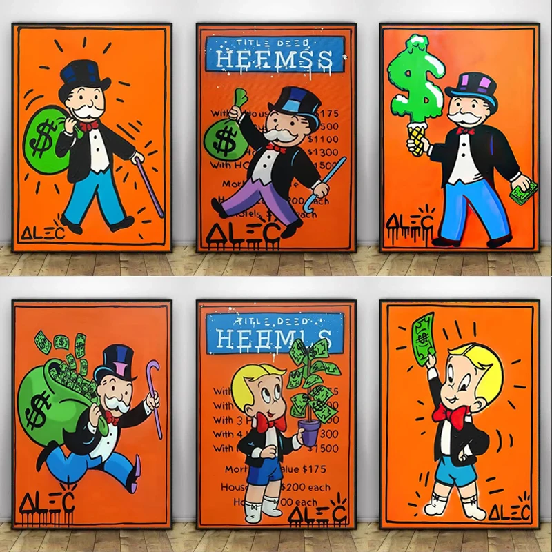 Orange Fashion Cartoon Wall Art Decoration Painting Alec Monopoly Rich Man with Dollars Money Bag Canvas Poster Print Home Decor
