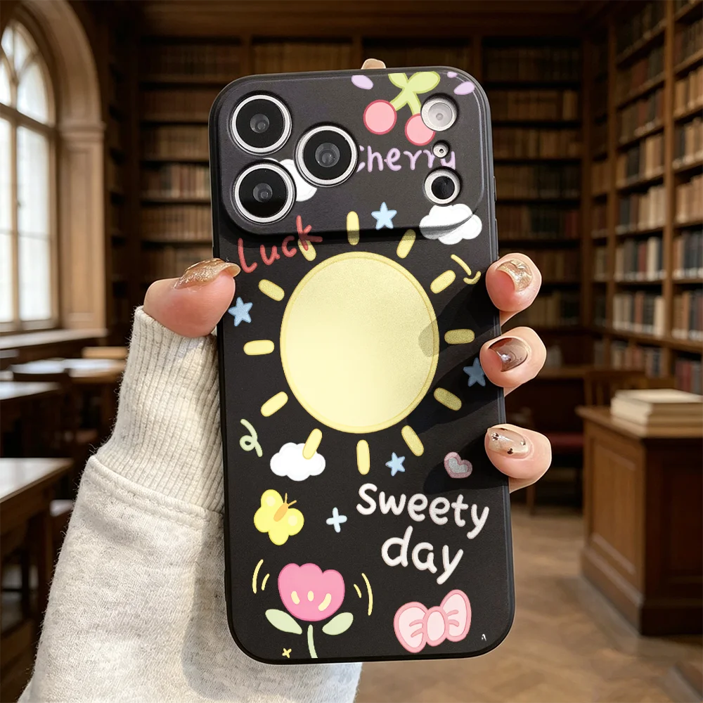 Cute Sun Cherry Shockproof Soft TPU Protective Cover For iPhone 17 Pro Max 16 Plus 15 14 13 12 11 XS Max Anti-drop Phone Case