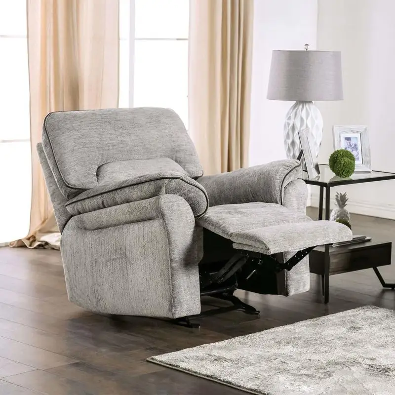 

Transitional Style Glider Recliner with Pillow Top Arms, Welt Trim, Fully Upholstered in Light Gray Finish for Living Room