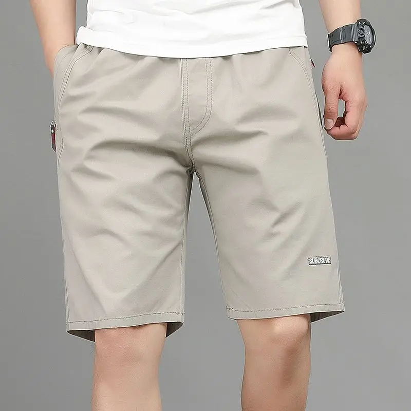 Shorts retos soltos casuais masculinos, outwear de algodão fino, calça de 5 pontos, bordado sólido, elástico na cintura, bolso para desenho, verão