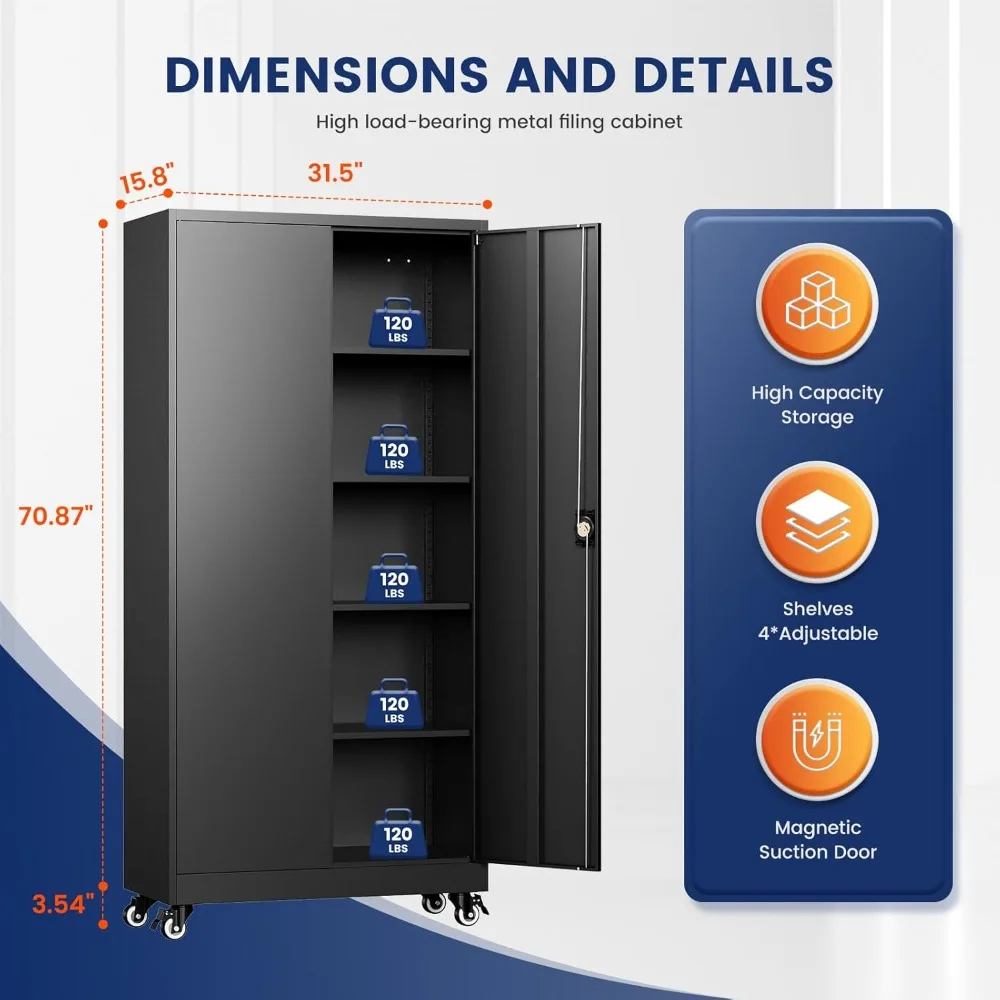 Adjustable-shelf Steel Storage Cabinet with Locking Doors, 75 Rolling Tool Cabinet for Home/Office Use