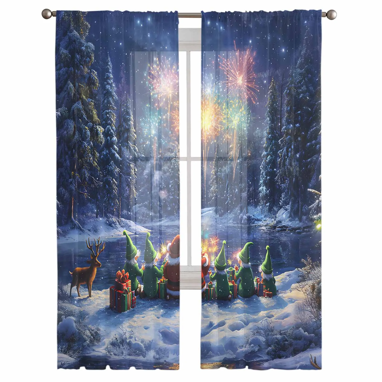 Christmas Santa Forest Chiffon Sheer Curtains for Living Room Bedroom Decor Kitchen Window Voiles Tulle Curtain