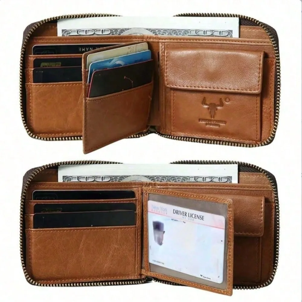 

RFID Blocking Genuine Leather Zipper Wallet For Men, Bifold Slim Wallet With Zipper Coin Pocket, Credit Card Slots - Ideal Gift