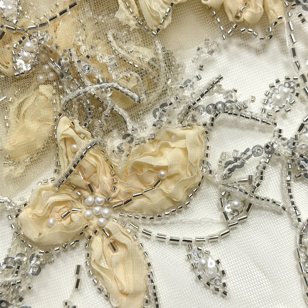 

African 3D Flower Ruffled Corded Lace Fabric 1 Yards High Quality Sequin Beaded Embroidery French Tulle For Wedding Dress Making