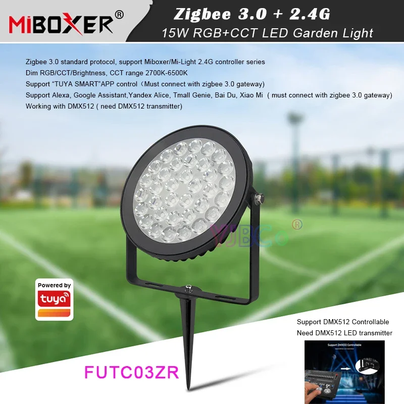 

Miboxer Zigbee 3.0 15W RGB+CCT LED Garden Light FUTC03ZR Waterproof IP66 Smart Lawn Lamp 2.4G RF Remote/DMX512/ TUYA Control