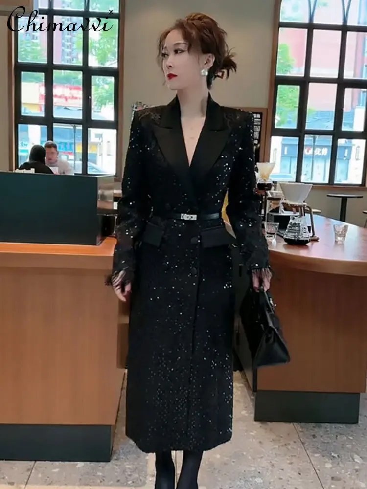 European Fashion Large Size Trench Coat Women's 2024 Autumn and Winter New Heavy Industry Sequined Hepburn Style Black Coat