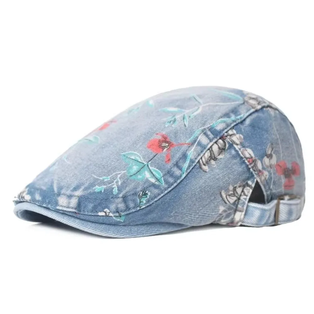 

Retro Flower Print Beret Hat Thin Washed Denim Peaked Cap Breathable Adjustable Baseball Cap Women Men
