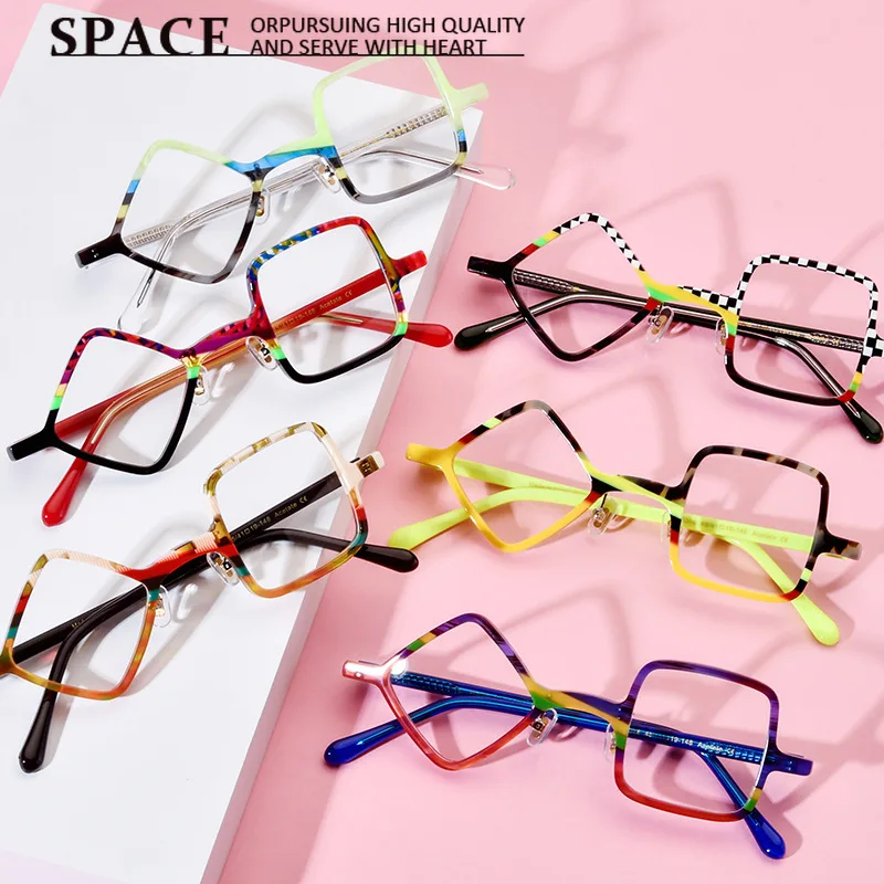 New Frosted Patchwork Asymmetrical Square Diamond Acetate Unisex Optical Eyeglasses Support Custom Myopia Prescription Lenses
