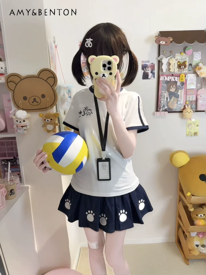 

Teens Girls Summer New Preppy Cute and Versatile Suit Big Kids Japanese Kawaii Cartoon Cat Paw Embroidery Top and Shorts Set