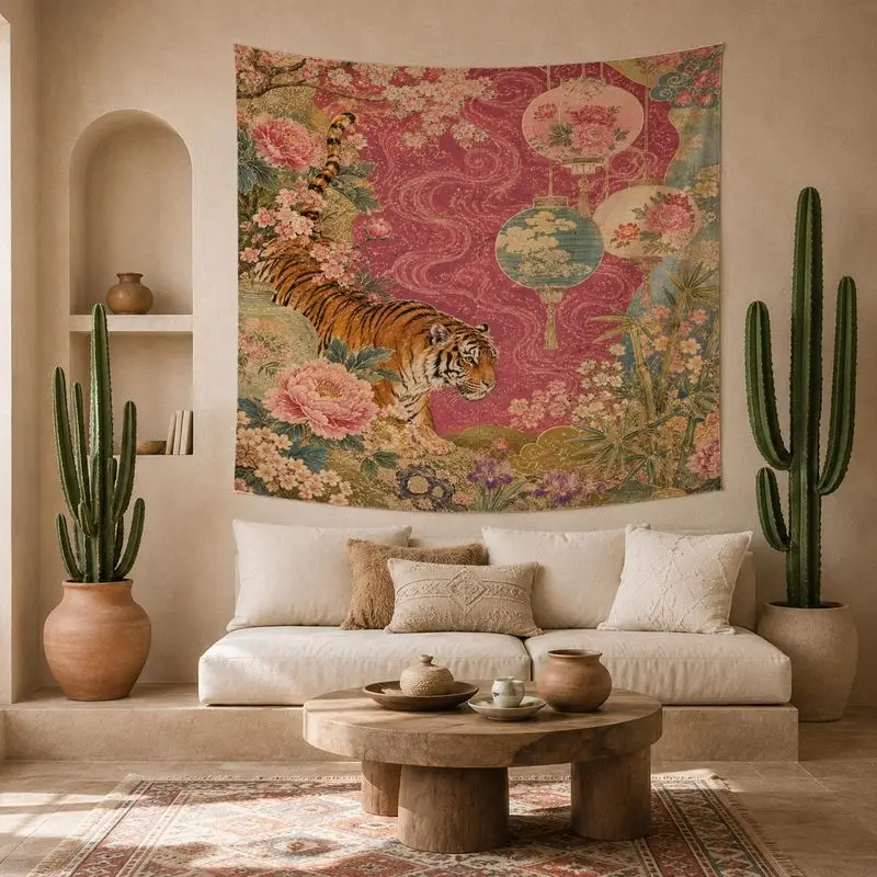 VIKAMA Vintage Tiger Floral Tapestry Oriental Lantern Peony Polyester Wall Hanging Aesthetic Bedroom Dorm Home Decor