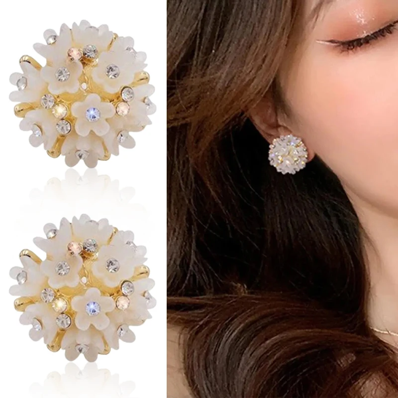 White Alloy Embroidered Ball Earrings New Fashionable And Versatile Super Fairy -1 Pair