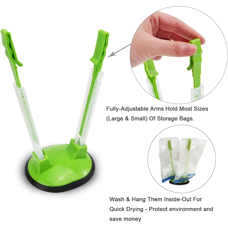 Baggy Rack Hands-Free Clip Food Storage Freezer Baggy Holder,Bag Holder For Plastic Bags Stand/Pack of 2 Green