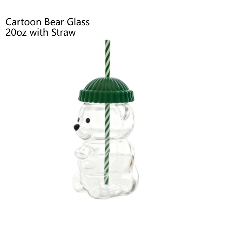 زجاج الدب الكرتوني 20 أونصة مع كوب ماء عالي البورسليكات مقاوم للحرارة من القش بتصميم لطيف للمنزل والمكتب