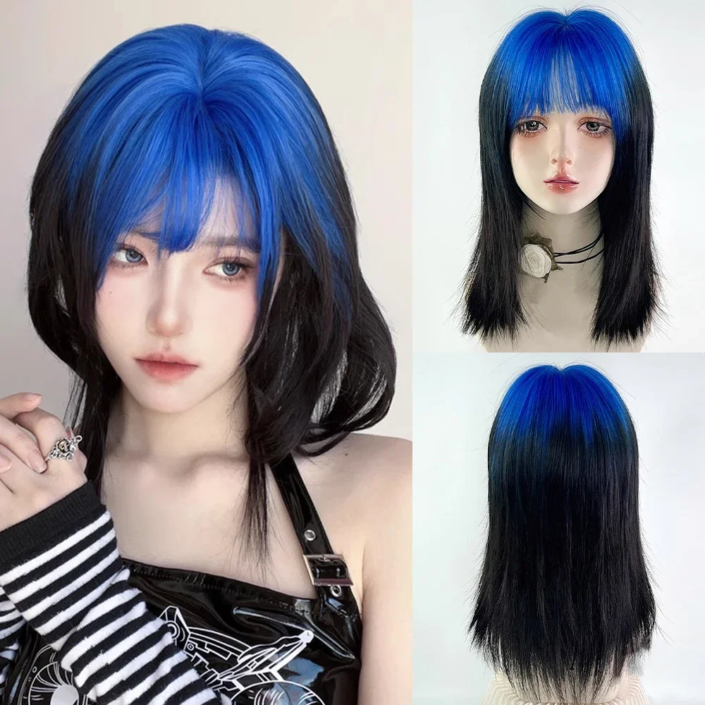 

Women Short Straight Blue Ombre Black Synthetic Wig with Bangs Fluffy Lolita Cosplay Heat Resistant Wig for Daily Party