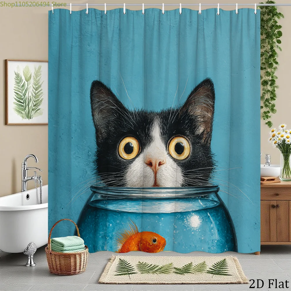 

Cute Cat Staring at Goldfish Shower Curtain Machine Washable All Season Waterproof Privacy Protection Animal Design Fun 12hooks