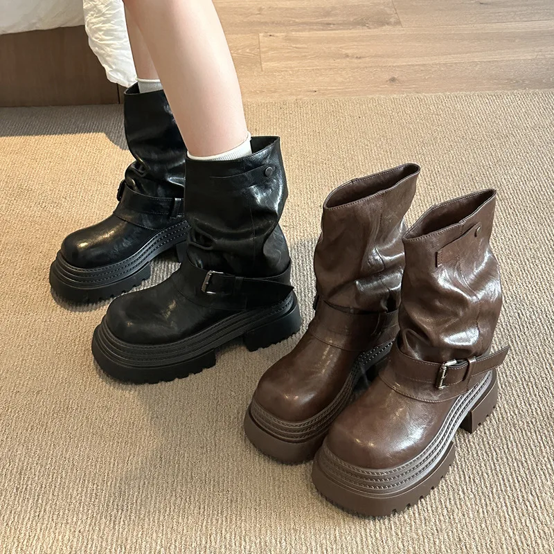 

Fashion Versatile Boots European and American Thick Sole Belt Buckle Women winter new versatile height-increasing leather boots