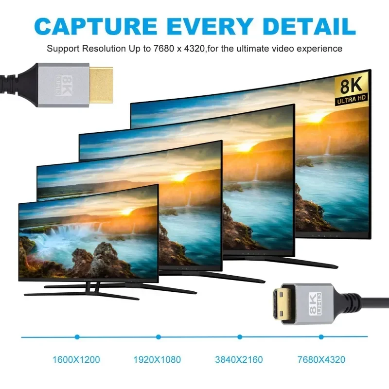 8K Mini HDMI-Compatible 2.1 Ultra Thin HDTV Cable 4K @60Hz Hyper Super Flexible Slim Cord Type-A to Type-C for Camera HDTV