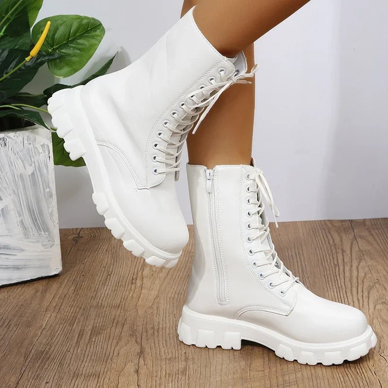 Women\'s Shoes Mid Calf Boots Gothic Punk Casual White Platform Woman Medium Heel Spring Summer 2024 Elegant with Free Shipping